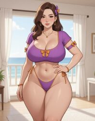 ai_generated armband bead_bracelet blush bow_accessory bow_tie bracelet brown_hair brunette_hair child_bearing_hips cleavage crop_top curtains earrings female furniture grok hair_over_shoulder hand_on_hip hoop_earrings indoors large_breasts long_hair looking_at_viewer loose_hair milf mommy necklace ocean_background one_hand_on_hip picture_frame potted_plant purple_clothing rgomez007 short_sleeves side-tie_bikini_bottom solo_female standing thick_thighs wide_hips