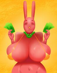 31_minutos animal_ears anthro big_belly big_breasts bikini bikini_top blush bodoque's_mother breasts chubby cleavage closed_eyes clothing eyebrows female green_necklace holding_money huge_breasts humanoid jewelry juan_carlos_bodoque lagomorph large_breasts long_ears looking_down mama_de_bodoque mammal melonmiloc milf money navel necklace rabbit rabbit_ears rabbit_girl red_fur red_skin shiny shiny_skin simple_background sling_bikini smile solo swimsuit thick_thighs yellow_background yellow_bikini