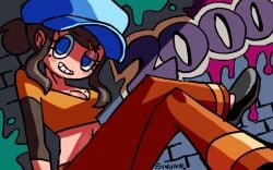 alleyway beauty_mark beauty_mark_on_breasts big_breasts black_shoes blue_hat blush brown_hair cleavage ennuikalart graffiti_on_wall hair_bun half-closed_eye light-skinned_female light_skin long_bangs long_eyelashes long_sleeves looking_at_viewer metrogeneric_(ennui_the_show) midriff oc orange_pants orange_shirt original original_character ponytail rebecca_"becky"_(ennuikal) simple_coloring simple_eyes simple_face simple_shading sitting slim_waist smiling_at_viewer tagme