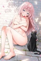 ai_assisted ai_generated ass blush breast_grab breasts breasts_squeezed_together collarbone completely_nude covering_own_breasts day feline flower highres legs_together long_hair looking_at_viewer medium_breasts navel nude nude_filter outside pink_hair purple_eyes sitting sweat thighs third-party_edit weri wet