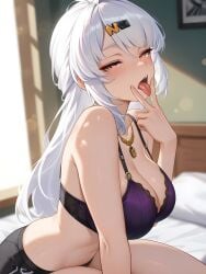 ai_generated bare_arms bare_shoulders big_breasts blush cunnilingus_gesture long_hair looking_at_viewer saliva seductive tongue tongue_out v_sign white_hair yixuan_(zenless_zone_zero) zenless_zone_zero
