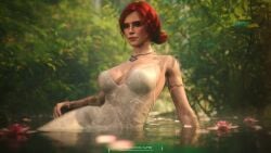 3d alf3d bath big_breasts black_nails breasts cd_projekt_red dress female freckles light-skinned_female light_skin looking_at_viewer mascara necklace outdoors red_hair solo solo_female the_witcher_(series) the_witcher_3:_wild_hunt triss_merigold wet_clothes