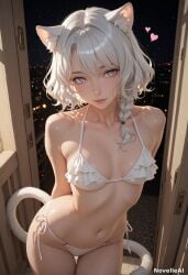 ai_generated animal_ear_fluff animal_ears arms_behind_back bangs bare_shoulders bikini braid breasts cat_ears cat_girl cat_tail collarbone cowboy_shot female frilled_bikini frills grey_eyes heart lips looking_at_viewer navel night novelleai original side-tie_bikini side_braid solo stomach string_bikini sweat swimsuit tail thigh_gap wet white_bikini white_hair