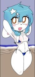 areola_peek arms_behind_head beach_background blue_bikini blue_hair blue_string_bikini bunny_ears bunny_girl bunny_nose fixing_hair happy legs_out_of_frame looking_up orange_iris pink_cheeks pula_(terrible_mouse) slight_blush small_breasts smiling stars_on_hair string_bikini tagme terrible_mouse white_fur white_pubic_hair white_pupils white_skin white_skinned_female white_stripe_on_bikini