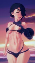 1girls amber_eyes arrancon bikini bikini_bottom bikini_top bikini_top_pull black_hair black_hair_female cinder_fall eyepatch half-dressed half_naked half_naked_female monster_arm revealing_breasts rwby solo_female