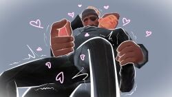 blush dark-skinned_male demoman_(team_fortress_2) gay handjob huge_cock scout_(team_fortress_2) sensitive suit_and_tie team_fortress_2 teasing tremble_lines twink whispering yaoi