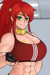 1girls abs arc_family_crest big_breasts breast_tattoo breasts clothed_female edit escriba female green_eyes gym_uniform jaune_arc male pov pov_male pyrrha_nikos red_hair rwby tagme tattoo viz_media