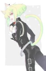 1boy androgynous ass ass_focus bob_cut cat_ears cat_tail catboy clothed clothing collar femboy femboy_only lio_fotia petite petite_body petite_male promare short_hair skin_tight slim slim_male slim_waist solo tight_clothes tight_clothing twink