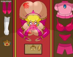 1girls ass barcode barcode_on_breast barcode_tattoo big_ass big_breasts big_butt blonde_hair blue_eyes clothes_on_floor crown dogeza face_down_ass_up folded_clothes front_facing_with_ass gloves gold_(metal) harem_outfit high_heels lipstick mario_(series) midnightundying_(artist) nintendo princess_peach slave slave_girl slave_outfit spank_marks spanked spanked_ass spanked_butt spanking tan_body tan_skin thick_thighs