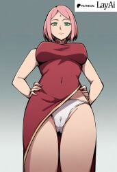ai_generated arrogant cameltoe forehead_mark from_below green_eyes high_res layai_(artist) lifting_dress looking_down mature_female milf naruto naruto_(series) pink_hair qipao red_dress sakura_haruno showing_panties uncensored white_panties