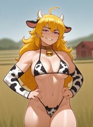1girls ai_generated bikini blonde_hair blush collar cow_bell cow_bell_collar cow_horns cow_print cow_print_bikini female_only happy long_hair rwby tagme yang_xiao_long