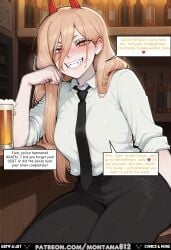 ai_generated bar_counter barmaid beer beer_mug black_tie blonde_hair blush bottles button_gap cleavage collared_shirt comic comics demon_girl drinking drooling duty english_text fangs female foam glowing_eyes holding_drink horns indoors large_breasts long_hair looking_at_viewer loose_tie montana812 nsfw open_mouth orange_eyes pov power_(chainsaw_man) red_horns saliva sharp_teeth shelf slit_pupils smile solo succubus suggestive sweat text waitress white_shirt wooden_background