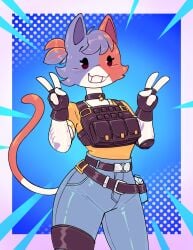 1girls 2d 87_g0d alternate_version_available anthro calico_cat cat_ears cat_humanoid cat_tail cate_meowdy_(fortnite) clothed double_v epic_games felid feline female female_only fingerless_gloves fortnite fortnite:_battle_royale fur furry furry_female furry_only heart_symbol jeans looking_at_viewer smile smiling smiling_at_viewer solo solo_female standing tail v_sign