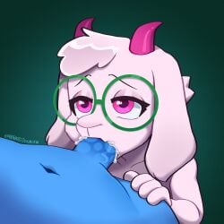 1nonbinary 2boys 2d 2d_(artwork) ari_dibujitos aribujitosnsfw blowjob cum cum_in_mouth deltarune dick furry furry_male gay gay_male gay_sex glasses goat human kris_(deltarune) pink_eyes ralsei ralsei_with_white_fur undertale_(series) yaoi