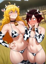 2girls ai_generated bikini black_hair blonde_hair blush collar cow_bell cow_bell_collar cow_horns cow_print cow_print_bikini cow_thighighs embarrassed embarrassed_female female_only happy long_hair ruby_rose rwby short_hair sisters tagme thighhighs yang_xiao_long