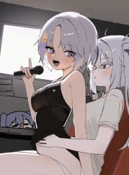2girls animated animated_gif aokumo_rin ayatsuno_yuni blue_eyes bouncing bouncing_breasts female/female female_only hands_on_hips just_0012 lap_dance lesbian lowres medium_breasts microphone partially_clothed purple_eyes seated sitting smiling stellive sweat virtual_youtuber white_hair white_shirt yuri
