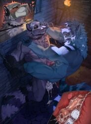 anal anal_sex animal_genitalia animal_penis anthro asphyxiation bite biting_lip bodily_fluids bound canine_genitalia canine_penis chained chains choking cobu cuff_(restraint) cum cum_in_ass cum_inside cum_on_face duo genital_fluids genitals handcuffed handcuffs hi_res knot looking_pleasured male male/male male_penetrated male_penetrating male_penetrating_male mammal metal_cuffs metal_mask muscular muscular_anthro muscular_male object_in_ass penetration penile penile_penetration penis penis_in_ass power_bottom prison prisoner procyonid raccoon restraints sex sex_toy sex_toy_in_ass sex_toy_insertion vibrator vibrator_in_ass vibrator_on_penis