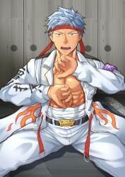 1boy abs armband bandage bandaged_waist bare_breasts belt biker_clothes bousouzoku bulge bulge_through_clothing character_request defeated ear_piercing frown fully_clothed gang gay hachimaki headband hi_res jacket legs_apart looking_at_viewer male male_only manly mature_male motorbike_gang muscles muscular muscular_male offscreen_character open_clothes pecs red_eyes robe ryotaro_810 sarashi short_hair silver_hair sitting six_pack sweat sweatdrop tokkoufuku tokyo_revengers tough_guy white_clothing yaoi