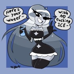 1girls art_trend belly_button blightstar blightstar_(blightstar) cleavage_cutout cowboy_shot dialogue english_text flipping_off fuck_ice fuck_you glass_of_water gradient_hair grey_body grey_hair holding_glass original original_character political smile solo solo_female speech_bubble stomach_cutout tagme talking_to_viewer waitress