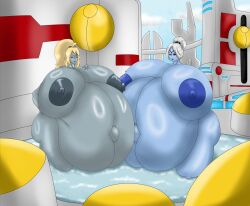 2girls alien alien_girl bathing bathing_together big_ass big_belly big_breasts blonde_female blonde_hair blue_body blue_skin city city_background cityscape cloud clouds cloudy_sky female_only hair_bun high_tech hyper hyper_breasts hyper_pregnancy hyper_pregnant looking_at_another looking_away ponytail pregnant sci-fi short_hair sky smuggerssmuggs spa spa_day spa_treatment tau thick_thighs warhammer_(franchise) warhammer_40k water white_hair wide_hips