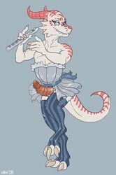 anthro clothed clothing crossdressing dbd dress erection flute furry girly horn kobold legwear makeup male mascara musical_instrument smile solo thigh_highs