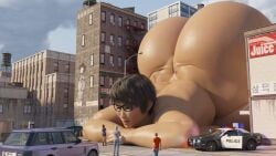 car cars city city_background cop_car dinner-kun dumptruck_ass giantess gigantic_ass glasses hina_(dinner-kun) larger_female larger_human laying_down laying_on_stomach looking_down nude nude_female pixie_cut police_car smaller_human