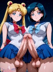 2futas ai_generated ami_mizuno bishoujo_senshi_sailor_moon blonde_hair blue_bow blue_eyes blue_hair breast_press breasts choker double_bun earrings erection fully_clothed futa_only futanari huge_cock long_hair outdoors precum red_bow sailor_mercury sailor_moon sailor_uniform sailorgoonart short_hair testicles tiara upskirt usagi_tsukino veiny_penis