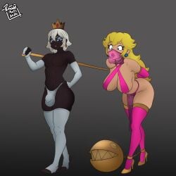1boy 1girls 2d belly_dancer_outfit big_breasts blonde_hair blue_eyes bondage bulge chain_chomp chains clothed clothed_male color commission crown dark-skinned_femboy dark-skinned_male dark_skin female femboy femboydom femsub full_color gold_(metal) gold_jewelry harem_outfit high_heels king_kirsch_(midnightundying) leash lipstick long_hair male mario_(series) midnightundying_(artist) nintendo non-nude oc original_character princess_peach pumps rhode_arts shoes stirrup_legwear thong veil walking white_eyelashes white_hair