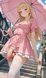 1futa ai_generated balls blonde_hair blue_eyes blush breasts dickgirl dress flaccid futa_only futanari hime_cut hime_girl_(jamesbron) intersex jamesbron legwear long_hair looking_at_viewer no_panties outdoors penis penis_out pink_dress small_breasts smile solo solo_futa standing stockings thighhighs thighs umbrella walking white_legwear white_stockings white_thighhighs
