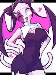 big_breasts black_clothes cat_ears cat_humanoid cat_tail devil hat heart huge_breasts huge_thighs navel pink pink_skin sister thighs white_eyes wink yume0534