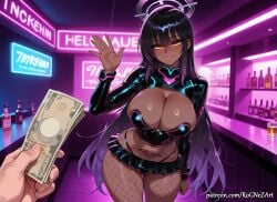 1boy 1girls 2025 ai_generated alcohol alternate_costume anime bangs bar_\\\\\\\\(place\\\\\\\\) black_hair blue_archive blush bottle breasts cleavage closed_mouth crossover dark-skinned_female dark_skin eye_contact female female_focus fishnet_pantyhose fishnets flushed gradient_hair halo highres holding huge_breasts indoors inside karin_(blue_archive) karin_\\\\\\\\(blue_archive\\\\\\\\) large_breasts long_hair long_sleeves looking_at_viewer male meme_attire microskirt midriff money multicolored_hair navel neutral_expression nsfw panties pantyhose patreon pov prostitution pubic_tattoo purple_hair rognezart shrug_\\\\\\\\(clothing\\\\\\\\) skirt smile smiling solo_focus stockings tattoo underwear very_long_hair waving yellow_eyes