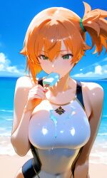 ai_generated alternative_costume asymmetrical_hair bangs bare_shoulders beach blue_sky blush breasts clavicle clothing cloud competition_swimsuit covered_navel day dripping eating eating_popsicle female food food_in_mouth food_on_body food_on_breasts green_eyes hair_between_eyes holding holding_food holding_object kasumi_(pokemon) large_breasts melting multicolored_clothes multicolored_swimsuit navel ocean one-piece_swimsuit orange_hair outdoors pokemon pokemon_character ponytail popsicle sand short_hair side_ponytail sky solo sucking sucking_popsicle swimsuit tank_suit thighs tied_hair two-tone_swimsuit water wet white_one-piece_swimsuit white_swimsuit