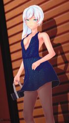 1girls arrancon blue_eyes dress long_hair long_hair_female no_bra purse rwby scar_across_eye solo_female weiss_schnee white_hair white_hair_female