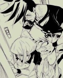 2boys anal anal_sex androgynous ass_grab blush bottomless embarrassed femboy femboy_penetrated galo_thymos gay gay_sex greyscale lio_fotia petite petite_body petite_male promare size_difference slim slim_male slim_waist twink yaoi