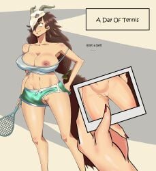clean_shaven cleavage defeated female large_breasts lost_bet naked naked_female nipple_slip photograph pussy shy stomach tennis tennis_racket tennis_uniform tiktok tiktoker vtuber vtuberfanart yasughostsu youtube youtuber