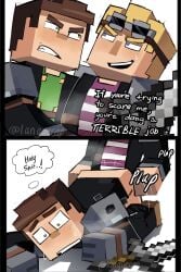 2male aiden_(mcsm) bent_over blonde_hair blush brown_hair flirting gay intimidation lukas_(mcsm) male minecraft:_story_mode sabobonds sword