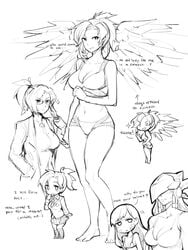 3girls arms bangs bare_arms bare_legs bare_midriff bare_shoulders barefoot bikini black_and_white blizzard_entertainment breasts chibi cleavage comic cute d.va dialogue feet female female_only gebyy-terar glasses helmet legs line_art looking_at_viewer mercy midriff monochrome navel nervous overwatch pharah ponytail rough_sketch school_uniform science scientist short_hair sketch sweat swimsuit text thighs wings