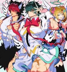 3boys big_breasts black_hair cosplay femboy green_hair huge_thighs hugo_vlad komano_manato lighter_(zenless_zone_zero) lined_up muscles pink_ribbon red_eyes red_hair red_ribbon red_tie thighs yellow_hair zenless_zone_zero