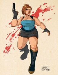 brian_shearer jill_valentine resident_evil resident_evil_3 cleavage big_breasts breasts female female_only solo solo_female gun holding_weapon holding_gun firearm brown_hair short_hair green_eyes fingerless_gloves thick thick_thighs thighs skirt boots knee_boots chubby chubby_female belt