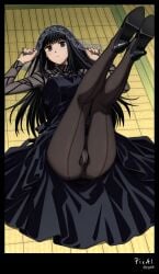 4k 8k ai_generated ass_focus, black body, content explicit full heels high legs lying, masterpiece, nails, normal nsfw, osaragi_(sakamoto_days) outfit, quality, resolution, sakamoto_days see-through_clothing see-through_pantyhose thighs toes up,
