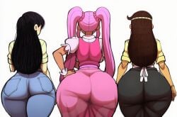 3girls ai_generated ass_chart ass_comparison ass_focus behind_view big_ass black_hair brown_hair doughie_(omori) dress hand_on_hip idk_what_to_tag_it jeans mari_(omori) novelai omori pink_dress pink_hair rear_view size_chart sweetheart_(omori) tagme tight_jeans twintails