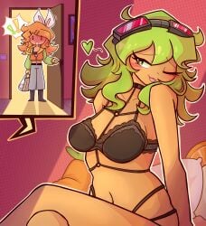 2girls critinikaqwq female_only gumi kagamine_rin lingerie megpoid_gumi provocative provocative_clothing provocative_pose surprised surprised_expression tongue_out vocaloid yuri