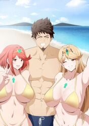 big_breasts bikini bikini_bottom bikini_top breasts golden_bikini mythra mythra_(xenoblade) pyra pyra_(xenoblade) rex_(xenoblade) rex_(xenoblade)_(future_redeemed) xenoblade_(series) xenoblade_chronicles_2 xenoblade_chronicles_3 xenoblade_chronicles_3:_future_redeemed