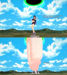 1boy 1girls 3d black_hair city cock_vore commission cum destruction english_text female giant_male giantess green_hair huge_cock koikatsu male muscular muscular_male oc original original_character portal portal_(object) size_difference text vore xavier_huge xavierhuge