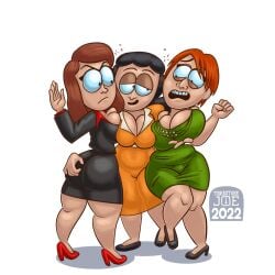 2d 2d_(artwork) 2d_artwork 3girls angry_expression angry_face anonymous_female big_ass big_breasts black_dress black_hair black_hair_female breasts breasts_squeezed_together brown-haired_female brown_hair comedy_central drunk drunk_female green_dress groping groping_ass groping_breasts hips hips_wider_than_shoulders orange_dress public_defender_(south_park) red_hair redhead_female sarah_valmer shocked shocked_expression south_park tagme thick_hips thick_thighs tombstonejoe unknown_female watermark