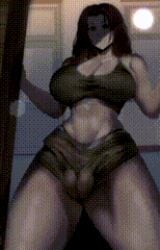 1futa 2d 2d_animation animated balls balls_under_clothes better_parts_of_fucked_up_shit big_breasts big_penis bulge bulge_through_clothing curvaceous_futa curvy_figure doorway dukenukiler erection futa_only futanari in_doorway light-skinned_futanari light_skin long_hair red_hair shorts smile solo_futa sports_bra thick_thighs throbbing throbbing_penis