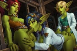 ai_generated aifuntime ambiguous_penetration ass ass_grab balls big_breasts blonde_hair bottomless_female bottomless_futa breasts_out fellatio fellatio_while_penetrated futa_on_female futanari goblin_(warcraft) goblin_female goblin_futa googles green_skin humanoid_penis labratory_background penis red_hair short_hair shortstack small_breasts spitroast threesome warcraft world_of_warcraft