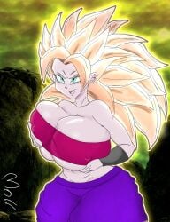 1girls aura big_breasts blonde_hair blue_eyes breasts breasts_bigger_than_head caulifla dragon_ball dragon_ball_super female female_only female_saiyan huge_breasts large_breasts long_hair saiyan saiyan_female source_request super_saiyan_3 themoll tournament_of_power universe_6