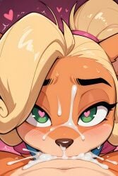 ai_generated blush coco_bandicoot crash_(series) cum cum_in_nose cum_in_throat deepthroat excessive_cum face_focus face_fucking female half-closed_eyes heart-shaped_pupils looking_at_viewer side_story