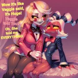 1boy 1girls ai_generated balls big_breasts big_penis blonde_hair blush charlie_morningstar_(hazbin_hotel) clothed clothing color demon demon_boy demon_girl demon_horns demon_tail english_text female gigiti hazbin_hotel helluva_boss hi_res horny horny_face huge_cock imp large_breasts light-skinned_female light_skin long_hair looking_at_another male male/female massive_penis moxxie_(helluva_boss) red_body red_eyes red_skin short_hair text thick_thighs trogiai vivienne_medrano white_hair